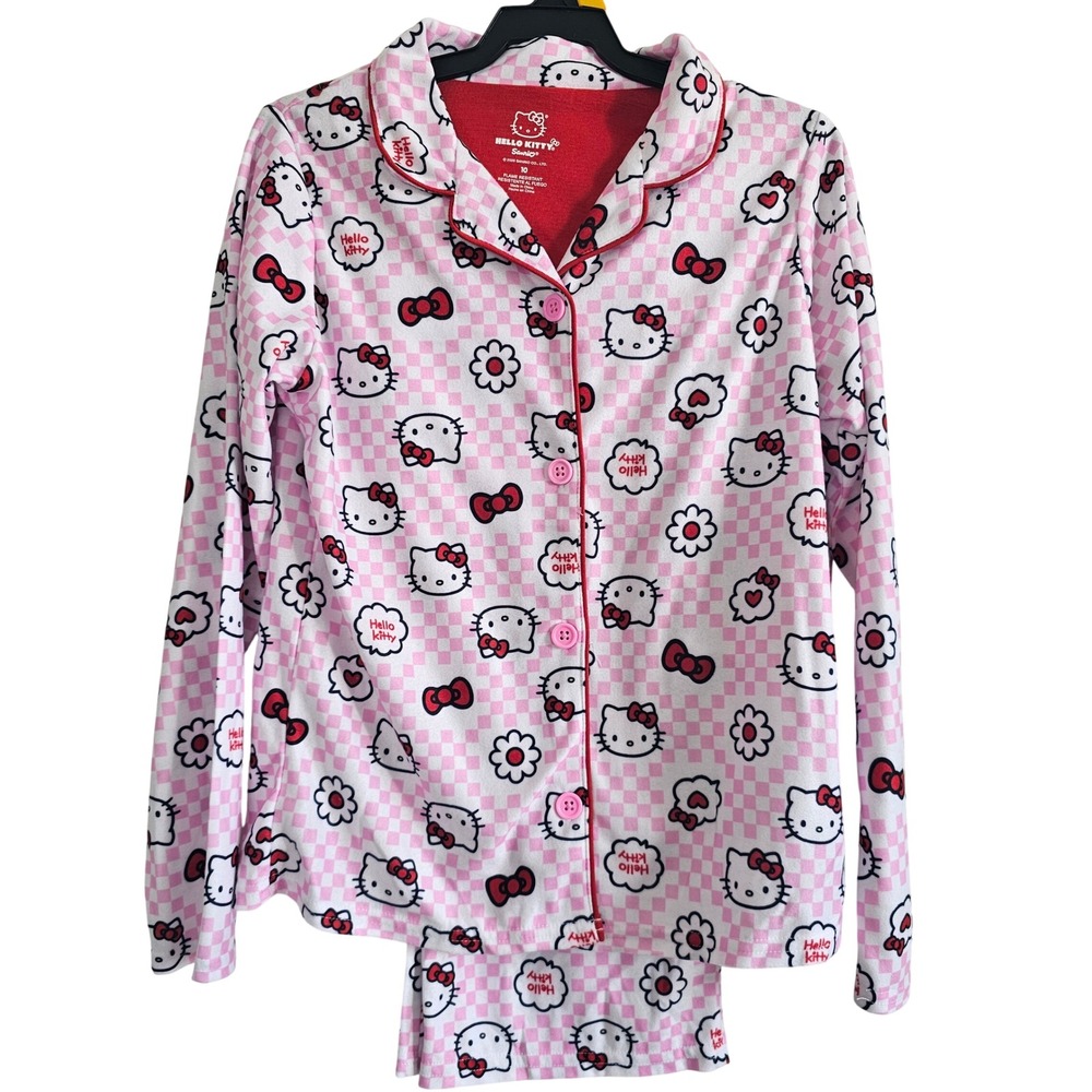 Hello Kitty Sanrio Girls Pink Checkered Pajama Set Long Sleeve Button Up Size 10